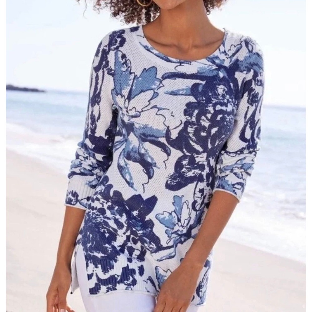 Soft Surroundings Women's LP Marin Floral Print Sweater Blue White 3/4 Sleeve